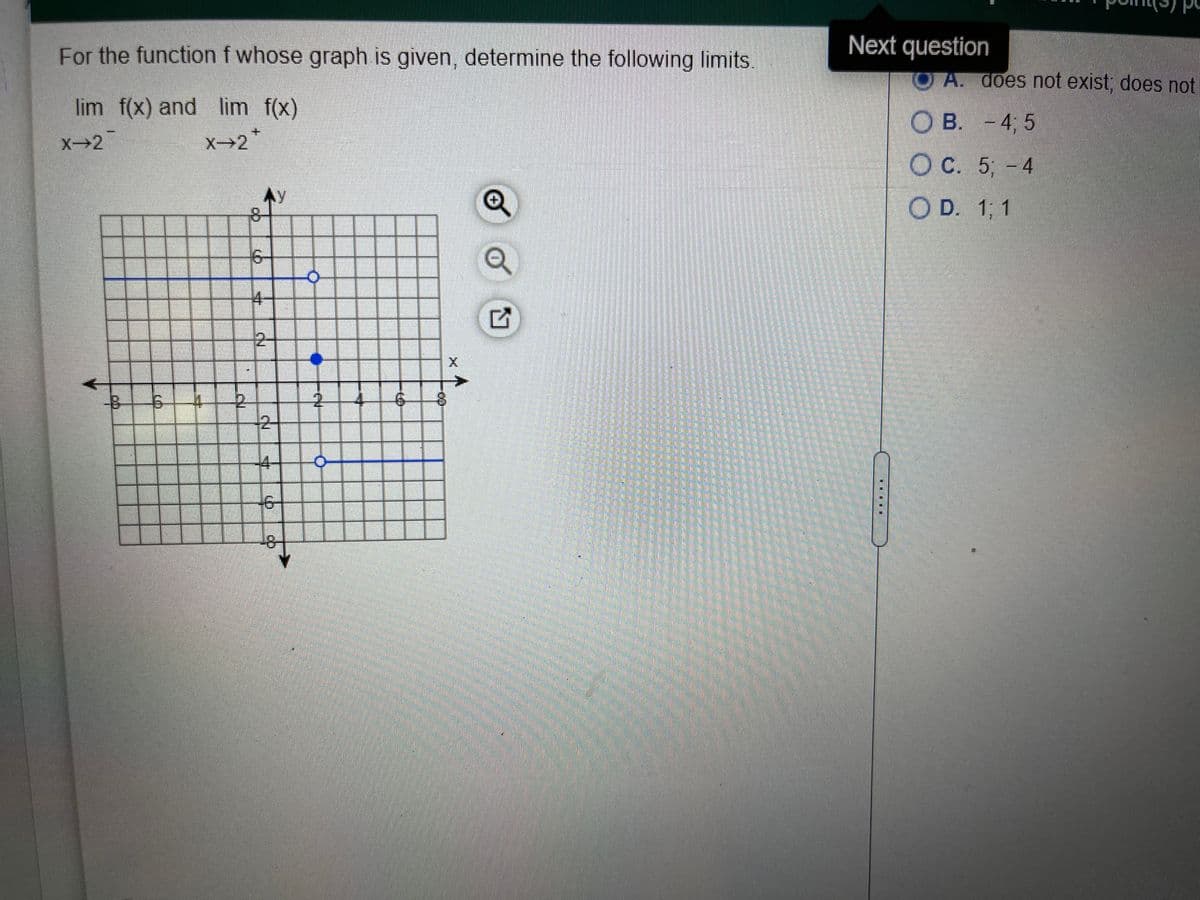 For the function f whose graph is given, determine the following limits.
Next question
OA. does not exist, does not
lim f(x) and lim f(x)
O B. -4; 5
X→2
X→2
OC. 5;-4
Ay
OD. 1; 1
6-
14
三
