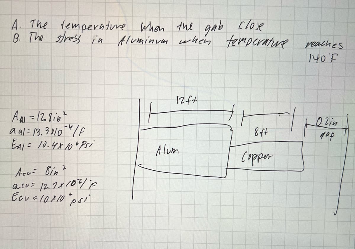 A. The temperature when the gab close
B. The stress in Aluminum when temperature reaches
140 °F
Aal = 12.8in ²
aal = 13.3×10/F
EA1 = 10.4x10 " Psi
Асий бін 2
acv = 12.7 x 106/ F
Ecv = 10x10 psi
12f+
Alum
8ft
Copper
0.2in
дар