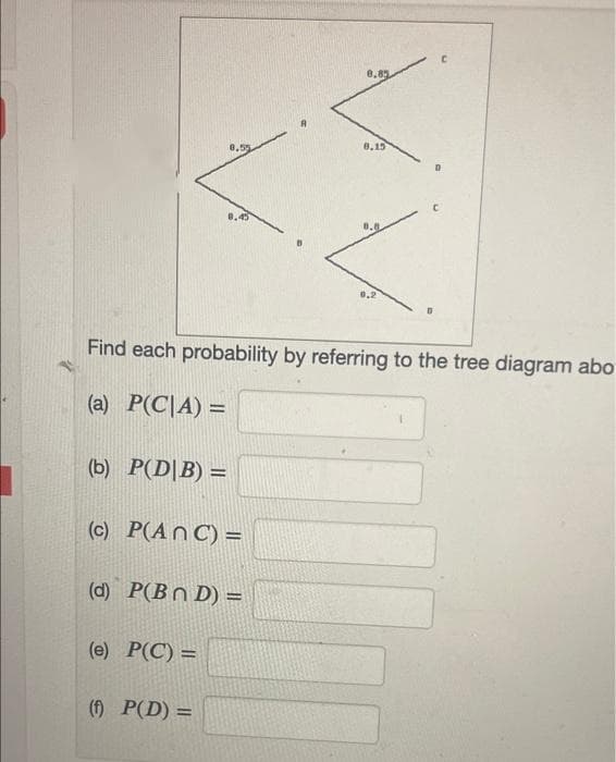 8,85
8,55
8.15
0.45
Find each probability by referring to the tree diagram abo
(a) P(C|A) =
(b) P(D|B) =
(c) P(An C) =
(d) P(Bn D) =
(e) P(C) =
() P(D) =
