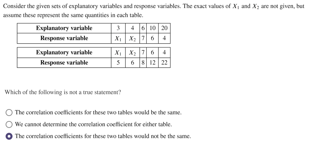 Consider the given sets of explanatory variables and response variables. The exact values of X1 and X2 are not given, but
assume these represent the same quantities in each table.
Explanatory variable
3
4
6 10 20
Response variable
X1|
X2 7 6
Explanatory variable
X1 X2 7 6 4
Response variable
6
8 12 22
Which of the following is not a true statement?
The correlation coefficients for these two tables would be the same.
We cannot determine the correlation coefficient for either table.
The correlation coefficients for these two tables would not be the same.
4-
