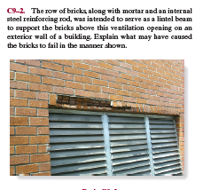 C9-2. The row of bricks along with mortar andan internal
steel reinforcing rod, was intended to serve as a lintel beam
to support the bricks above this ventilation opening on an
exterior wall of a buikling. Explain what may have caused
the bricks to fail in the manner shown.
