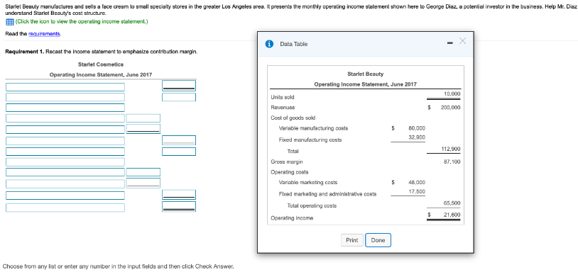 Slarlet Beauty manufactures and sells a face cream lo small specialy stores in the greater Los Angeles area. It presents the monthly operating income stalement shown here to George Diaz, a polenial investor in the business. Help Mr. Diaz
understand Starlet Beauty's cost structure.
E(Click the icon to view the operating income stalement.)
Read the equirements.
Data Table
Requirement 1. Recast the income statement to emphasize contribution margin.
Starlet Cosmetics
Operating Income Statement, June 2017
Starlet Beauty
Operating Income Statement, June 2017
10,000
Units sold
Revenues
200,000
Cost of goods sold
Variable manufacturing costs
80,000
32,900
Fixed manufacturing costs
112,900
Total
Gross margin
87,100
Operating costs
Variable marketing costs
48,000
17.500
Fixed marketing and administrative costs
65,500
Total operating costs
21,600
Operating income
Print
Done
Choose from any list or enter any number in the input fields and then click Check Answer.
