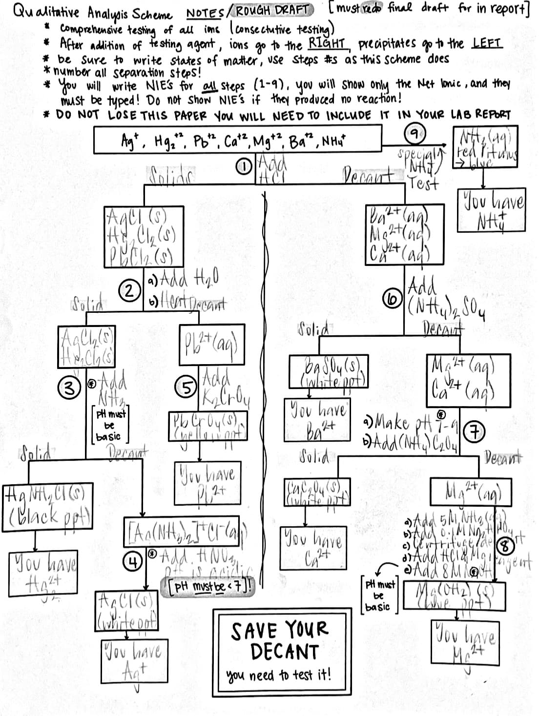 [mustredo final draft for in report]
Qualitative Analysis Scheme NOTES/ROUGH DRAFT
Comprehensive testing of all ims lconse ctutive testing)
* After addition of te sting agent, ions go to the RIGĞHT precipitates go to the LEFT
* be Sure to write states of matter, use steps #s as this scheme does
* number all separation steps!
* You will write NIES for all Steps (1-9), you will show only the Net lonic , and they
must be typed! Do not show NIE'S if they produvced no reaction!
* DO NOT LOSE THIS PAPER You WILL NEED TO INCLUDE IT IN YOUR LAB REPORT
b.
Ag*, Hg", Pb*, Ca, Mg**, Ba", NHu"
+2
caln red Pitung
Dernut!
Test
Jou have
A4CI (s)
CA
)Add Hy0
(2)
entisant
Add
Solid
Solid
DeMit
ba Soy (s)
(wlitept)
You have
Mat (ag)
Ca+ (ng
3Add
Add
PH must
be
basic
) Make phi-
Salid
Dernt
Solid
Verant
Youhave
2t,
Ha Nth, CI 6)
(Hnck ppt
2t
You huve
CA
e) E rttifuse,
Jou have
PH must be<7]
PH must
be
basic
iteonf
SAVE YOUR
DECANT
Jou ligve
Vou have
Ant
you need to test it!
