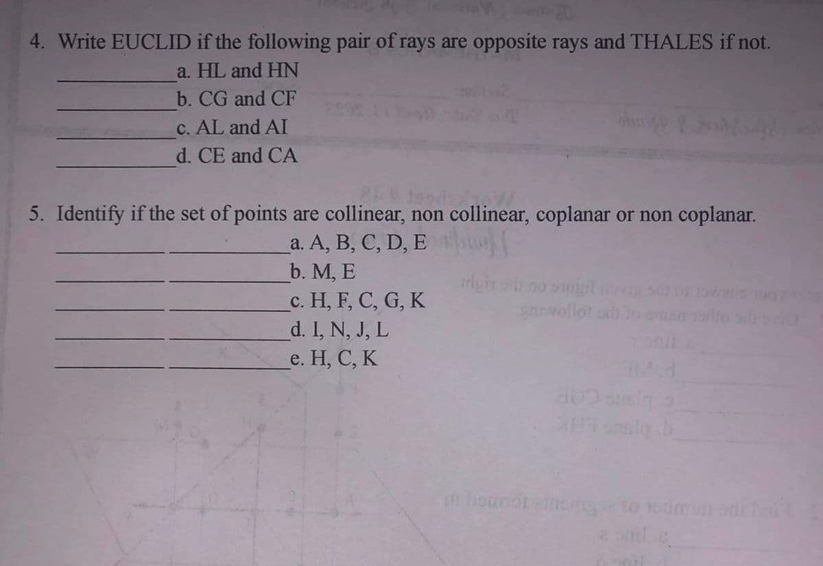 4. Write EUCLID if the following pair of rays are opposite rays and THALES if not.
a. HL and HN
b. CG and CF
c. AL and AI
d. CE and CA
84 tood. M
5. Identify if the set of points are collinear, non collinear, coplanar or non coplanar.
a. A, B, C, D, E
b. M, E
c. H, F, C, G, K
d. I, N, J, L
e. H, C, K
right sido surgil novig
gvollot od 30
silto sib svit
it bourot einsingse to odmun adi bar's