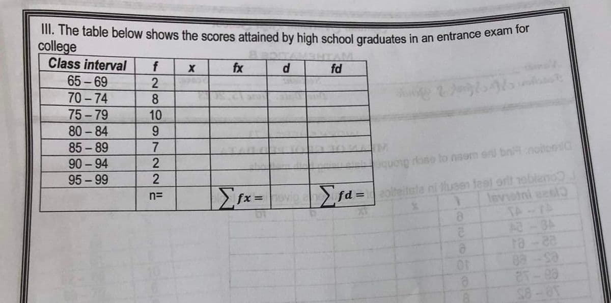 ### Scores Attained by High School Graduates in an Entrance Exam for College

The table below presents the scores attained by high school graduates in a college entrance exam. The data is organized into class intervals, with corresponding frequencies and columns designated for various statistical calculations.

| Class Interval | Frequency (f) | Midpoint (x) | fx | Deviation (d) | fd |
|----------------|---------------|--------------|----|---------------|----|
| 65 - 69        | 2             |              |    |               |    |
| 70 - 74        | 8             |              |    |               |    |
| 75 - 79        | 10            |              |    |               |    |
| 80 - 84        | 9             |              |    |               |    |
| 85 - 89        | 7             |              |    |               |    |
| 90 - 94        | 2             |              |    |               |    |
| 95 - 99        | 2             |              |    |               |    |

Total: n =

\[
\sum fx = 
\]
\[
\sum fd = 
\]

### Explanation of Terms:
- **Class Interval**: The range of scores grouped together.
- **Frequency (f)**: The number of students who scored within the given class interval.
- **Midpoint (x)**: The midpoint of each class interval. It is calculated as the average of the lower and upper bounds of each interval.
- **fx**: The product of the frequency and the midpoint of each class interval.
- **Deviation (d)**: The difference between each midpoint and a reference value.
- **fd**: The product of the frequency and the deviation of each class interval.

### Steps to Complete the Table:
1. **Determine the Midpoint (x) for Each Class Interval**:
    - For the interval 65-69, the midpoint is (65+69)/2 = 67.
    - Repeat this calculation for each interval.

2. **Calculate fx**:
    - Multiply the frequency (f) by the midpoint (x) for each interval.

3. **Calculate d**:
    - Choose a reference value (often the median class midpoint or mean midpoint) and subtract each interval’s midpoint from this reference.

4. **Calculate fd**:
    - Multiply the frequency (