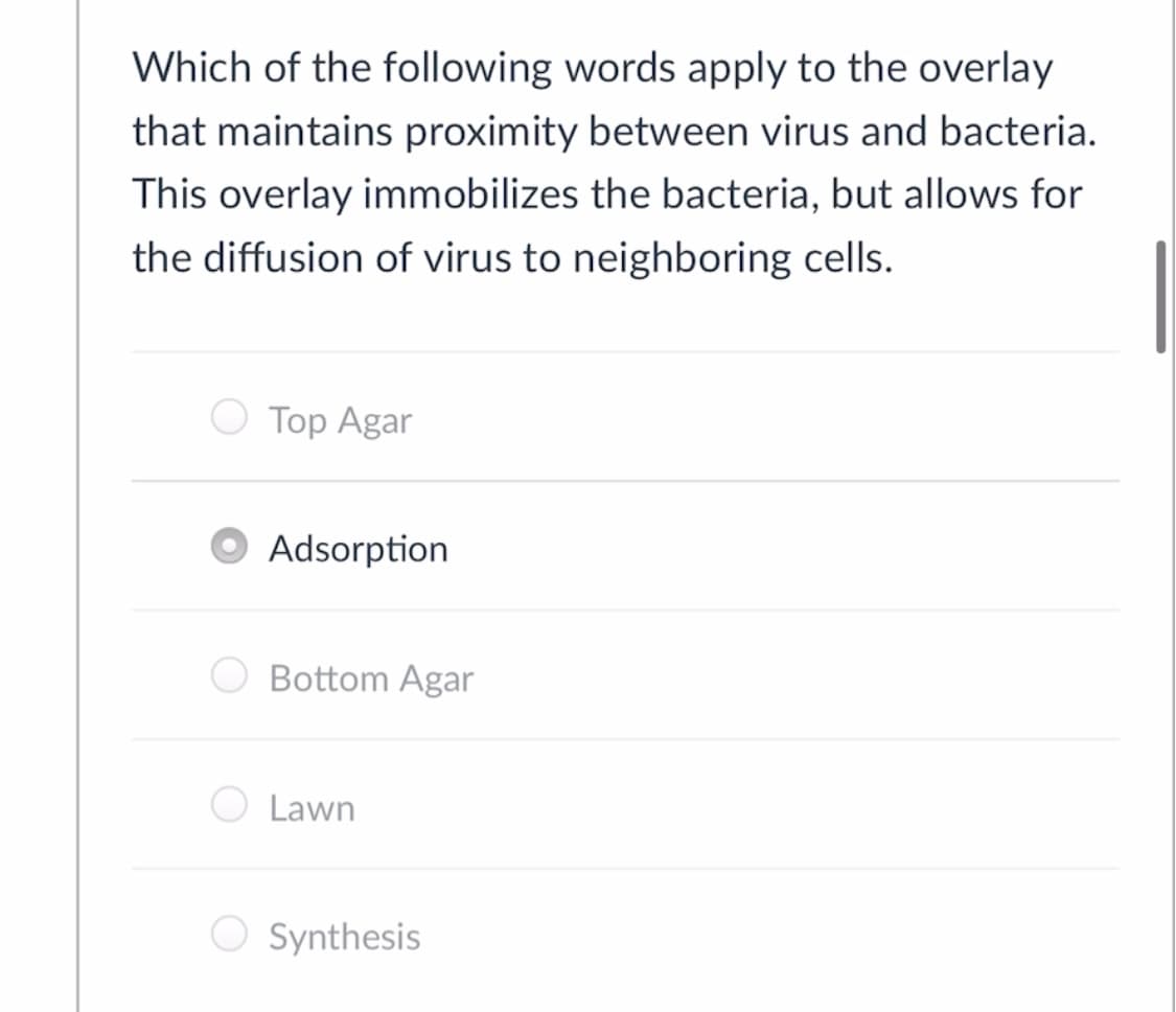 Which of the following words apply to the overlay
that maintains proximity between virus and bacteria.
This overlay immobilizes the bacteria, but allows for
the diffusion of virus to neighboring cells.
Top Agar
Adsorption
Bottom Agar
Lawn
O Synthesis
