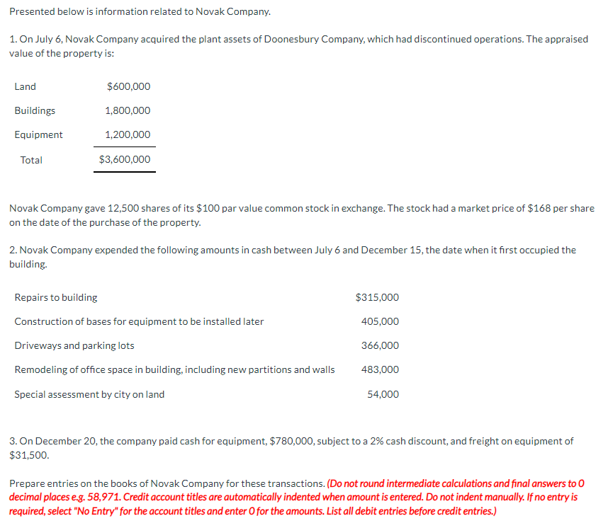 Presented below is information related to Novak Company.
1. On July 6, Novak Company acquired the plant assets of Doonesbury Company, which had discontinued operations. The appraised
value of the property is:
Land
Buildings
Equipment
Total
$600,000
1,800,000
1,200,000
$3,600,000
Novak Company gave 12,500 shares of its $100 par value common stock in exchange. The stock had a market price of $168 per share
on the date of the purchase of the property.
2. Novak Company expended the following amounts in cash between July 6 and December 15, the date when it first occupied the
building.
Repairs to building
Construction of bases for equipment to be installed later
Driveways and parking lots
Remodeling of office space in building, including new partitions and walls
Special assessment by city on land
$315,000
405,000
366,000
483,000
54,000
3. On December 20, the company paid cash for equipment, $780,000, subject to a 2% cash discount, and freight on equipment of
$31,500.
Prepare entries on the books of Novak Company for these transactions. (Do not round intermediate calculations and final answers to 0
decimal places e.g. 58,971. Credit account titles are automatically indented when amount is entered. Do not indent manually. If no entry is
required, select "No Entry" for the account titles and enter O for the amounts. List all debit entries before credit entries.)