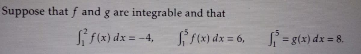 Suppose that f and g are integrable and that
li flx) dx = -4,
Si f(x) dx = 6,
S = g(x) dx = 8.
%3D
%3D
