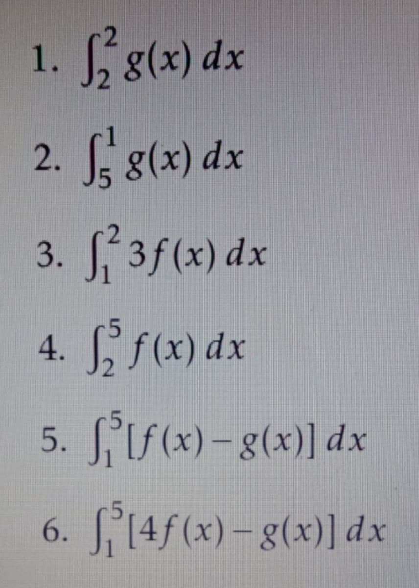 1. g(x) dx
2. S g(x) dx
3. 3f(x) dx
4. f(x) dx
5. If(x)- g(x)] dx
6. 14f(x)- g(x)] dx
