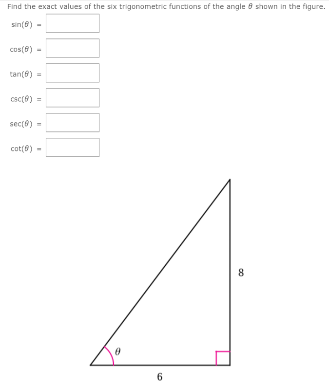 Find the exact values of the six trigonometric functions of the angle 0 shown in the figure.
sin(0) =
cos(0)
tan(0)
csc(0)
sec(0)
cot(8) =
8
6
