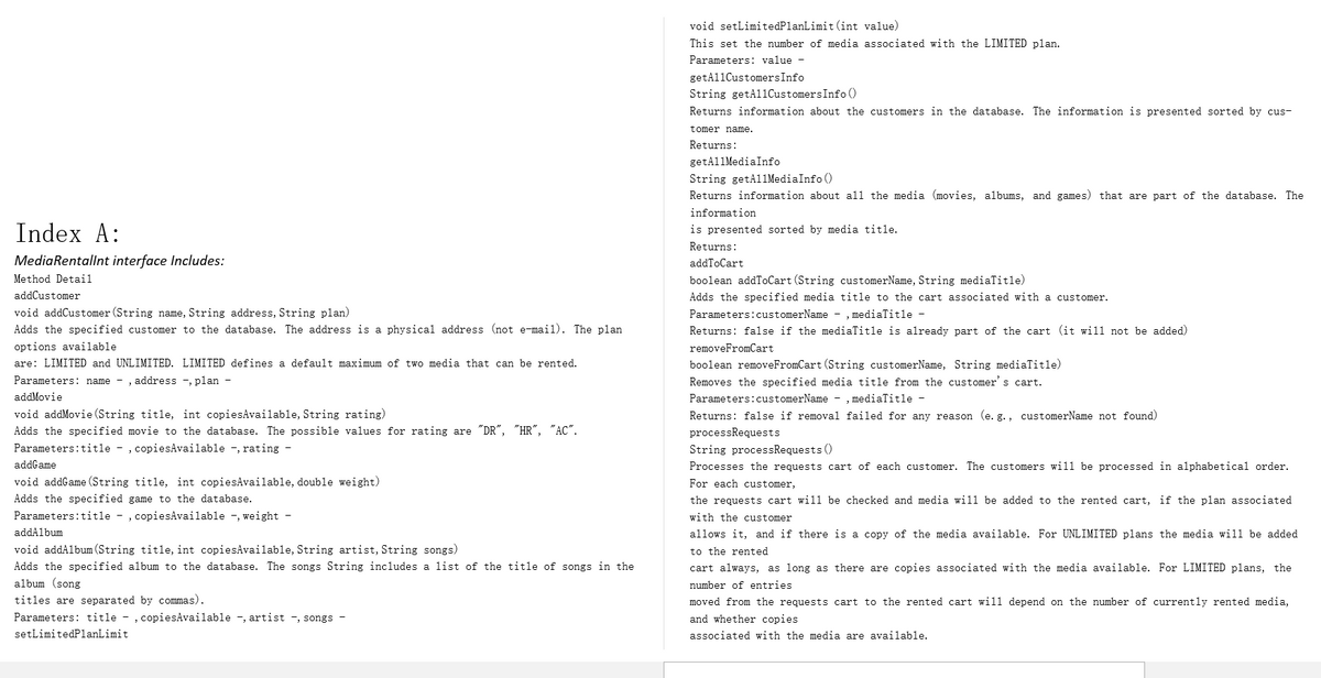 void setLimitedPlanLimit (int value)
This set the number of media associated with the LIMITED plan.
Parameters: value -
getAl1CustomersInfo
String getAliCustomersInfo ()
Returns information about the customers in the database. The information is presented sorted by cus-
tomer name.
Returns:
getAl1MediaInfo
String getAl1MediaInfo ()
Returns information about all the media (movies, albums, and games) that are part of the database. The
information
Index A:
is presented sorted by media title.
Returns:
MediaRentallnt interface Includes:
addToCart
Method Detail
boolean addToCart (String customerName, String mediaTitle)
addCustomer
Adds the specified media title to the cart associated with a customer.
void addCustomer (String name, String address, String plan)
Adds the specified customer to the database. The address is a physical address (not e-mail). The plan
Parameters:customerName - , mediaTitle -
Returns: false if the mediaTitle is already part of the cart (it will not be added)
options available
removeFromCart
are: LIMITED and UNLIMITED. LIMITED defines a default maximum of two media that can be rented.
boolean removeFromCart (String customerName, String mediaTitle)
Parameters: name - , address -, plan -
Removes the specified media title from the customer's cart.
Parameters:customerName - , mediaTitle -
Returns: false if removal failed for any reason (e. g., customerName not found)
addMovie
void addMovie (String title, int copiesAvailable, String rating)
Adds the specified movie to the database. The possible values for rating are "DR", "HR", "AC".
processRequests
Parameters:title - , copiesAvailable -, rating -
String processRequests ()
addGame
Processes the requests cart of each customer. The customers will be processed in alphabetical order.
void addGame (String title, int copiesAvailable, double weight)
For each customer,
Adds the specified game to the database.
the requests cart will be checked and media will be added to the rented cart, if the plan associated
Parameters:title - , copiesAvailable -, weight -
with the customer
addAlbum
allows it, and if there is a copy of the media available. For UNLIMITED plans the media will be added
void addAlbum (String title, int copiesAvailable, String artist, String songs)
to the rented
Adds the specified album to the database. The songs String includes a list of the title of songs in the
cart always, as long as there are copies associated with the media available. For LIMITED plans, the
album (song
titles are separated by commas).
number of entries
moved from the requests cart to the rented cart will depend on the number of currently rented media,
Parameters: title - , copiesAvailable -, artist -, songs -
and whether copies
setLimitedPlanLimit
associated with the media are available.
