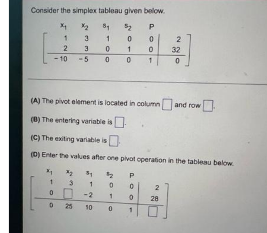 Consider the simplex tableau given below.
X₁ 1 X2
51 $2
P
1
3
1
0
0
2
3
0
1
0
32
-10
-5
0
0
1
0
(A) The pivot element is located in column and row
(B) The entering variable is.
(C) The exiting variable is.
(D) Enter the values after one pivot operation in the tableau below.
X₁
x2
S₁ $2
1
0
2
<-2
1
28
10
0
1
0
0
3
25
P00
1
2