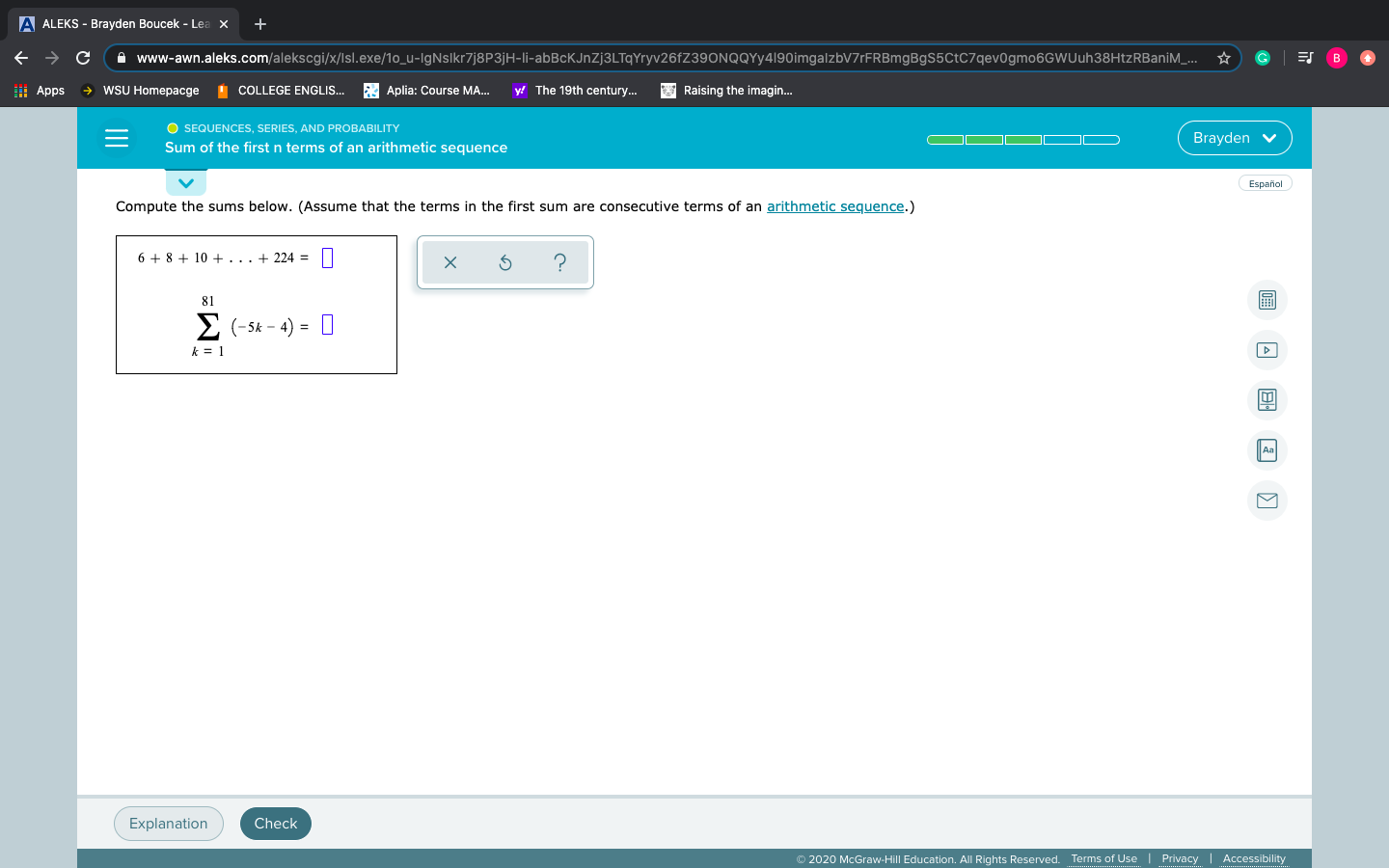 Compute the sums below. (Assume that the terms in the first sum are consecutive terms of an arithmetic sequence.)
6 + 8 + 10 + ...+ 224 =
81
E (-Sk - 4) =
k = 1
