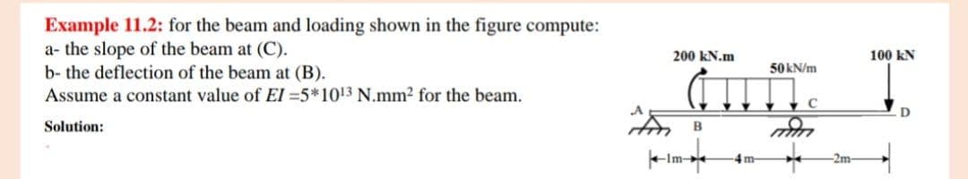 Example 11.2: for the beam and loading shown in the figure compute:
a- the slope of the beam at (C).
b- the deflection of the beam at (B).
Assume a constant value of El=5*1013 N.mm² for the beam.
A
Solution:
200 kN.m
B
Im
-4 m-
50 kN/m
C
-2m-
100 KN
D