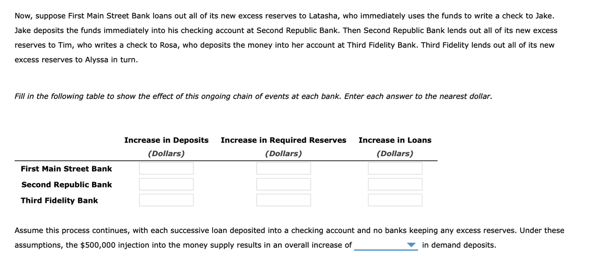 Now, suppose First Main Street Bank loans out all of its new excess reserves to Latasha, who immediately uses the funds to write a check to Jake.
Jake deposits the funds immediately into his checking account at Second Republic Bank. Then Second Republic Bank lends out all of its new excess
reserves to Tim, who writes a check to Rosa, who deposits the money into her account at Third Fidelity Bank. Third Fidelity lends out all of its new
excess reserves to Alyssa in turn.
Fill in the following table to show the effect of this ongoing chain of events at each bank. Enter each answer to the nearest dollar.
Increase in Deposits
Increase in Required Reserves
Increase in Loans
(Dollars)
(Dollars)
(Dollars)
First Main Street Bank
Second Republic Bank
Third Fidelity Bank
Assume this process continues, with each successive loan deposited into a checking account and no banks keeping any excess reserves. Under these
assumptions, the $500,000 injection into the money supply results in an overall increase of
in demand deposits.
