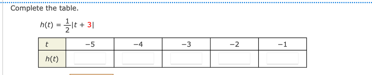 Complete the table.
h(t)
|t + 3|
-5
-4
-3
-2
-1
h(t)
