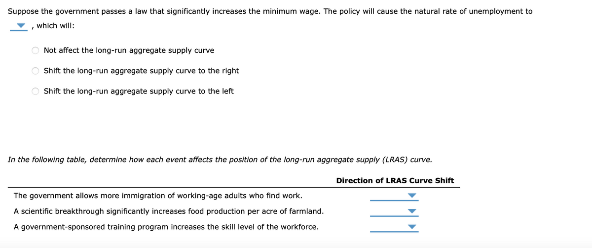 Suppose the government passes a law that significantly increases the minimum wage. The policy will cause the natural rate of unemployment to
which will:
Not affect the long-run aggregate supply curve
Shift the long-run aggregate supply curve to the right
Shift the long-run aggregate supply curve to the left
In the following table, determine how each event affects the position of the long-run aggregate supply (LRAS) curve.
Direction of LRAS Curve Shift
The government allows more immigration of working-age adults who find work.
A scientific breakthrough significantly increases food production per acre of farmland.
A government-sponsored training program increases the skill level of the workforce.
O O
