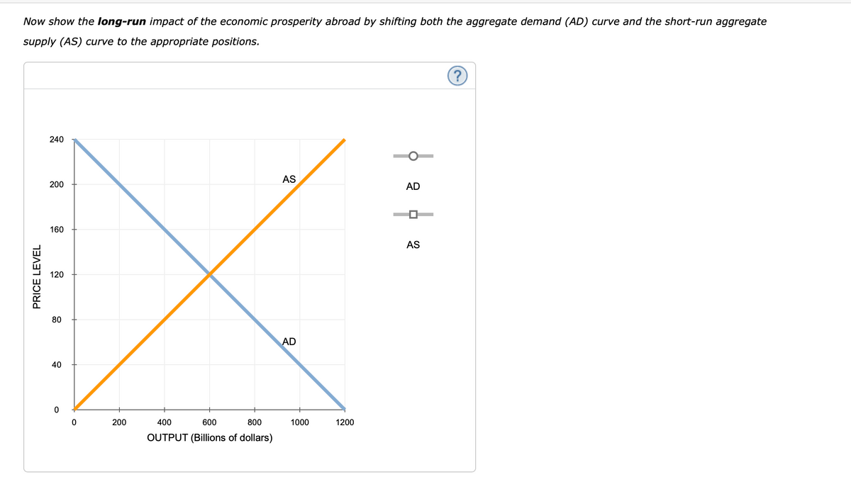 Now show the long-run impact of the economic prosperity abroad by shifting both the aggregate demand (AD) curve and the short-run aggregate
supply (AS) curve to the appropriate positions.
240
AS
200
AD
160
AS
120
80
AD
40
200
400
600
800
1000
1200
OUTPUT (Billions of dollars)
PRICE LEVEL
