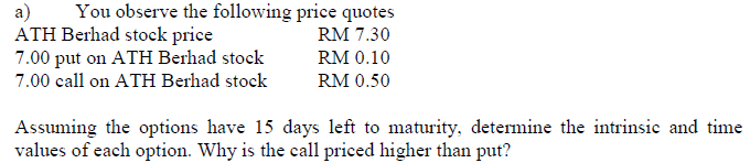 a)
ATH Berhad stock price
7.00 put on ATH Berhad stock
7.00 call on ATH Berhad stock
You observe the following price quotes
RM 7.30
RM 0.10
RM 0.50
Assuming the options have 15 days left to maturity, determine the intrinsie and time
values of each option. Why is the call priced higher than put?
