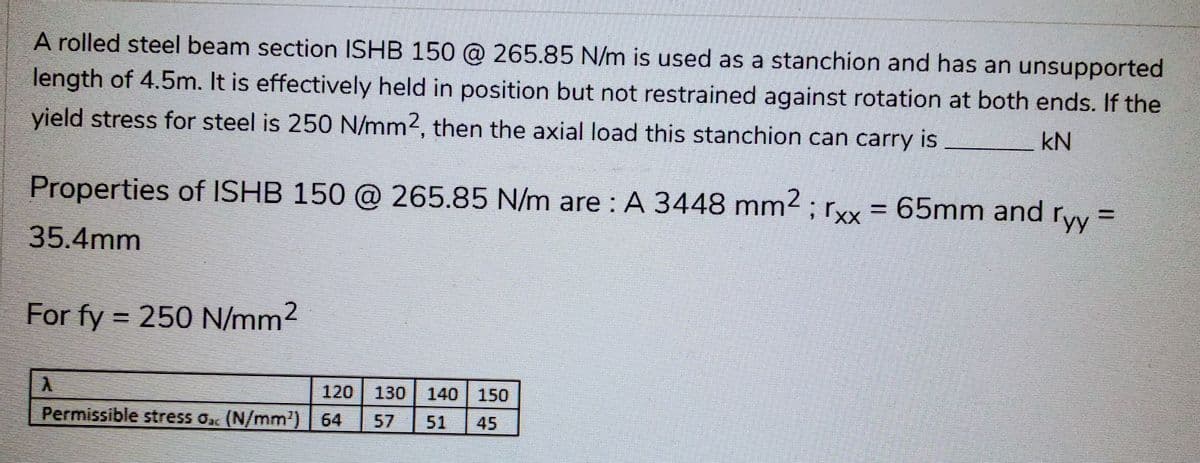 A rolled steel beam section ISHB 150 @ 265.85 N/m is used as a stanchion and has an unsupported
length of 4.5m. It is effectively held in position but not restrained against rotation at both ends. If the
yield stress for steel is 250 N/mm2, then the axial load this stanchion can carry is
kN
Properties of ISHB 150 @ 265.85 N/m are: A 3448 mm2; rxx = 65mm and ryy =
35.4mm
For fy= 250 N/mm²
A
120 130 140 150
57
Permissible stress 0₁. (N/mm²) || 64