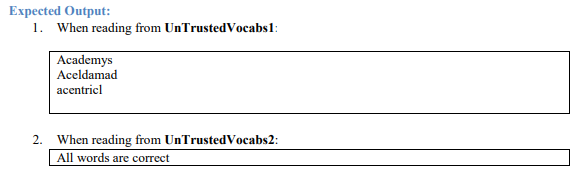 Expected Output:
1. When reading from UnTrustedVocabs1:
Academys
Aceldamad
acentricl
2. When reading from UnTrustedVocabs2:
All words are correct
