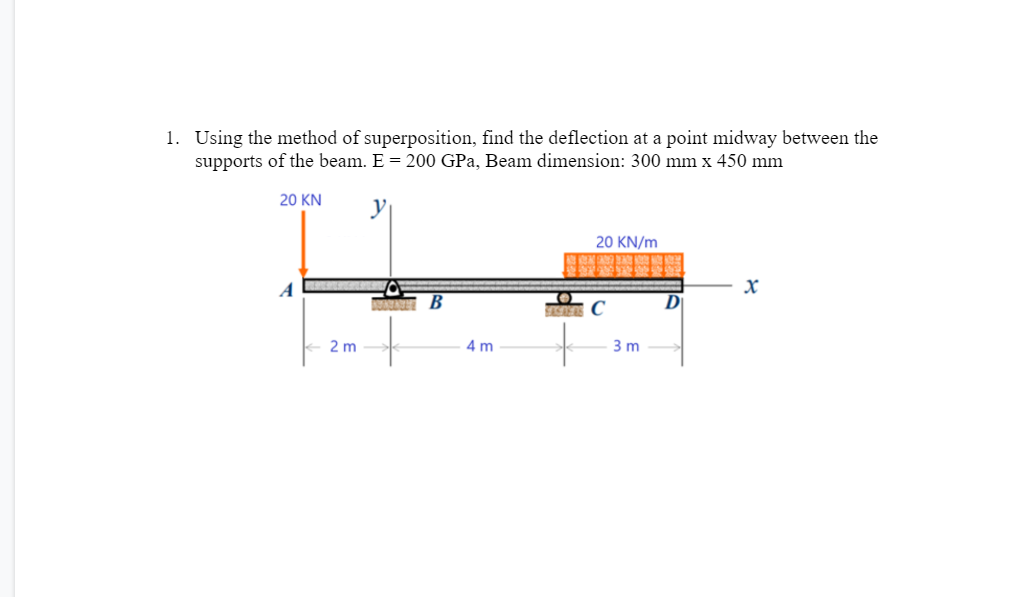 1. Using the method of superposition, find the deflection at a point midway between the
supports of the beam. E = 200 GPa, Beam dimension: 300 mm x 450 mm
20 KN
20 KN/m
A
X
B
2 m
4 m
SASAERS C
3 m
D