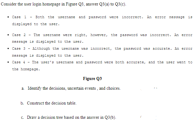 Consider the user login homepage in Figure Q3, answer Q3(a) to Q3(c).
. Сазе 1 - Вoth the
and password were incorrect. An error message is
username
displayed to the user.
Сазе 2
The username were right, however, the password was incorrect. An error
message is displayed to the user.
Сазе 3
Although the username was incorrect, the password was accurate. An error
message is displayed to the user.
• Case 4 - The user's username and password were both accurate, and the user went to
the homepage.
Figure Q3
a. Identify the decisions, uncertain events , and choices.
b. Construct the decision table.
c. Draw a decision tree based on the answer in Q3(b).
