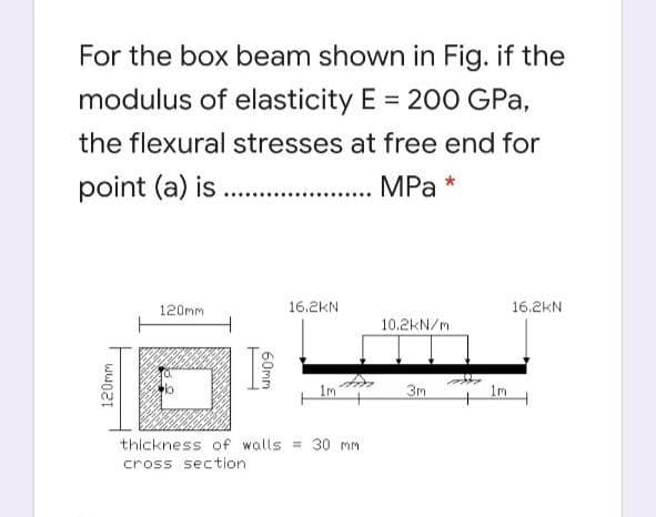 For the box beam shown in Fig. if the
modulus of elasticity E = 20O GPa,
%3D
the flexural stresses at free end for
point (a) is .
MPa
MPа *
120mm
16.2KN
16.2KN
10.2kN/m
1m
3m
1m
thickness of walls = 30 mm
cross section
120mm
60mm
