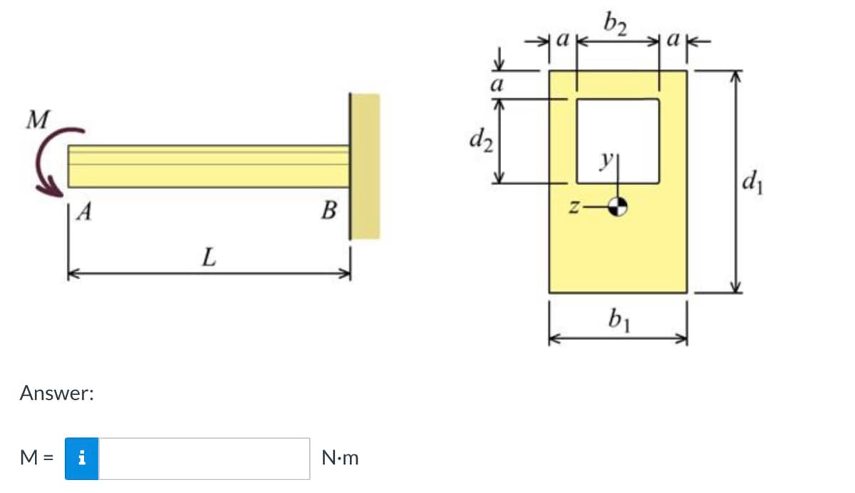 b2
a
M
d1
| A
B
L
b1
Answer:
M =
i
N-m
