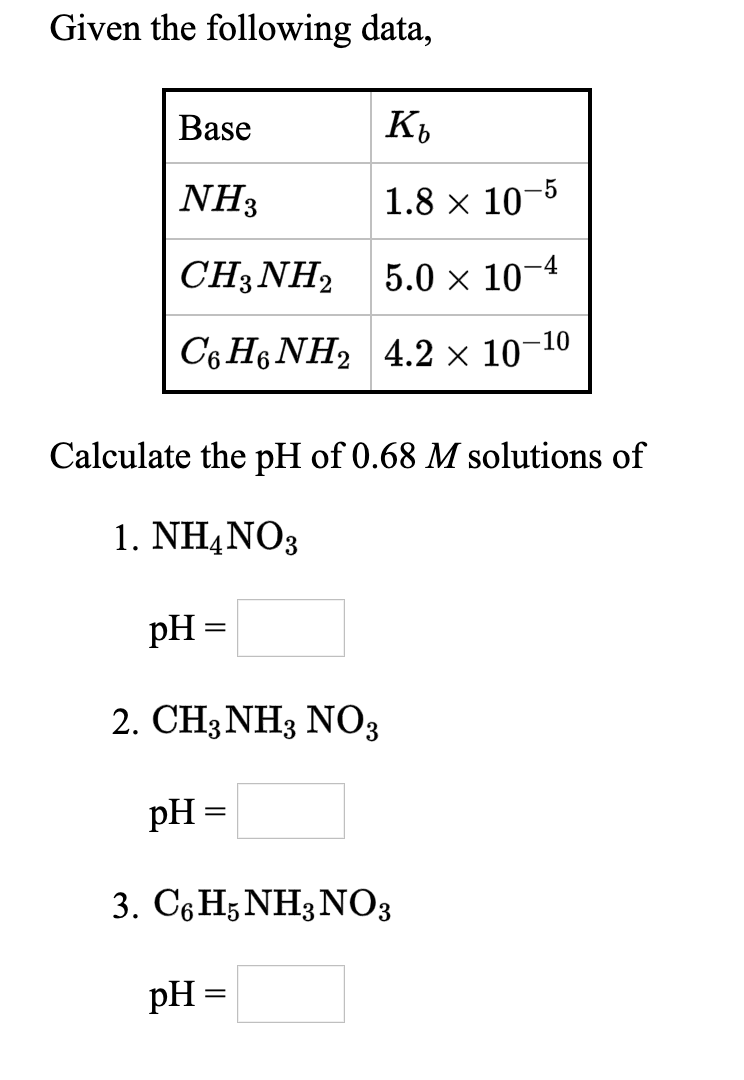 Given the following data,
Base
K,
NH3
1.8 x 10-5
CH3NH2
5.0 x 10
C6 H6 NH2 4.2 × 10-10
Calculate the pH of 0.68 M solutions of
1. NH4NO3
pH =
2. CH3NH3 NO3
pH =
3. СеHsNH3NОз
pH =
