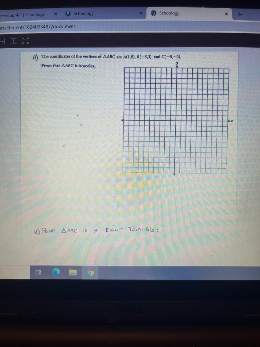 ---

### Educational Content on Triangle Properties

**Problem Statement:**

**A)** The coordinates of the vertices of triangle \( \Delta ABC \) are \( A(1,2) \), \( B(-5,3) \), and \( C(-6,-3) \). Prove that \( \Delta ABC \) is isosceles.

**B)** Prove \( \Delta ABC \) is a right triangle.

---

**Detailed Steps and Diagram Analysis:**

**Graph Description:**
- The image includes a coordinate plane with the \( x \)-axis and \( y \)-axis clearly marked. The grid is used to plot the points \( A(1,2) \), \( B(-5,3) \), and \( C(-6,-3) \).

**Step-by-Step Solution:**

1. **Finding the Length of Sides:**

   To prove \( \Delta ABC \) is isosceles, we need to show that at least two sides of the triangle are of equal length.

   The distance formula between two points \((x_1, y_1)\) and \((x_2, y_2)\) is given by:
   \[
   d = \sqrt{(x_2 - x_1)^2 + (y_2 - y_1)^2}
   \]
   
   * Calculate \( AB \):
   \[
   AB = \sqrt{((-5) - 1)^2 + (3 - 2)^2} = \sqrt{(-6)^2 + (1)^2} = \sqrt{36 + 1} = \sqrt{37}
   \]
   
   * Calculate \( BC \):
   \[
   BC = \sqrt{((-6) - (-5))^2 + ((-3) - 3)^2} = \sqrt{(-1)^2 + (-6)^2} = \sqrt{1 + 36} = \sqrt{37}
   \]
   
   * Calculate \( AC \):
   \[
   AC = \sqrt{((-6) - 1)^2 + ((-3) - 2)^2} = \sqrt{(-7)^2 + (-5)^2} = \sqrt{49 + 25} = \sqrt{74}
   \]
   
   Since \( AB = BC = \sqrt{37} \), \( \