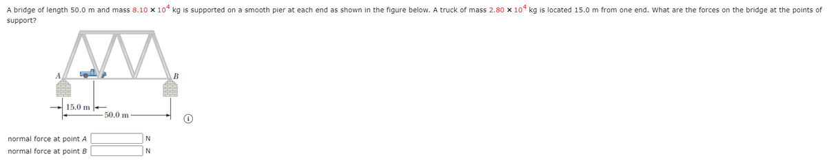 A bridge of length 50.0 m and mass 8.10 x 104 kg is supported on a smooth pier at each end as shown in the figure below. A truck of mass 2.80 x 104 kg is located 15.0 m from one end. What are the forces on the bridge at the points of
support?
15.0 m
50.0 m
normal force at point A
N
normal force at point B
