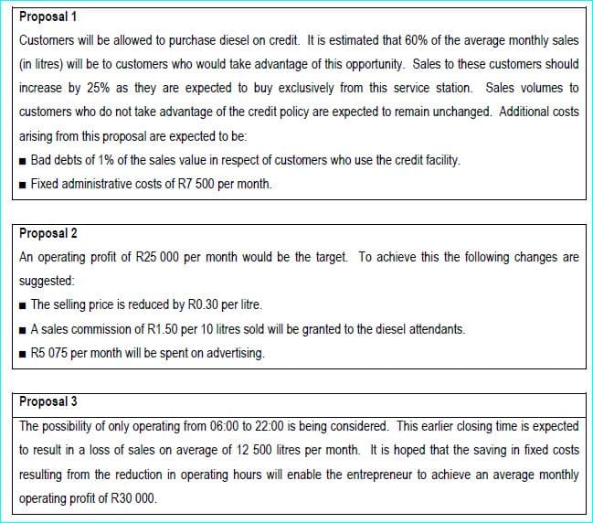 Proposal 1
Customers will be allowed to purchase diesel on credit. It is estimated that 60% of the average monthly sales
(in litres) will be to customers who would take advantage of this opportunity. Sales to these customers should
increase by 25% as they are expected to buy exclusively from this service station. Sales volumes to
customers who do not take advantage of the credit policy are expected to remain unchanged. Additional costs
arising from this proposal are expected to be:
Bad debts of 1% of the sales value in respect of customers who use the credit facility.
Fixed administrative costs of R7 500 per month.
Proposal 2
An operating profit of R25 000 per month would be the target. To achieve this the following changes are
suggested:
The selling price is reduced by R0.30 per litre.
A sales commission of R1.50 per 10 litres sold will be granted to the diesel attendants.
R5 075 per month will be spent on advertising.
Proposal 3
The possibility of only operating from 06:00 to 22:00 is being considered. This earlier closing time is expected
to result in a loss of sales on average of 12 500 litres per month. It is hoped that the saving in fixed costs
resulting from the reduction in operating hours will enable the entrepreneur to achieve an average monthly
operating profit of R30 000.