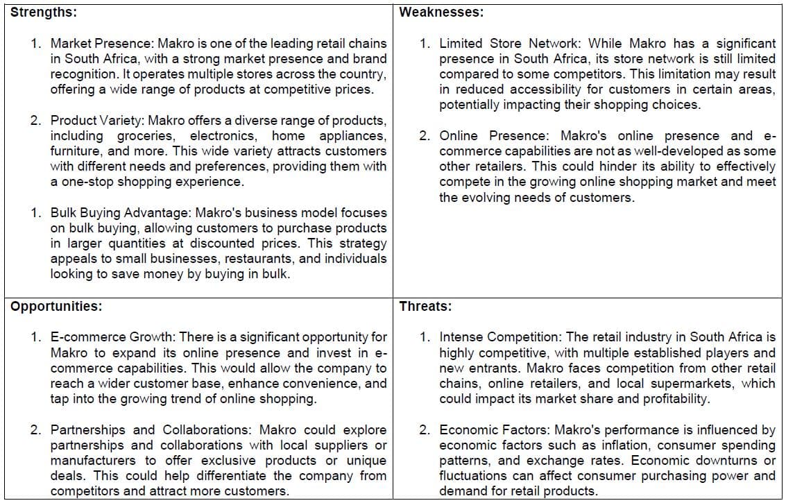 Strengths:
1. Market Presence: Makro is one of the leading retail chains
in South Africa, with a strong market presence and brand
recognition. It operates multiple stores across the country,
offering a wide range of products at competitive prices.
2. Product Variety: Makro offers a diverse range of products,
including groceries, electronics, home appliances,
furniture, and more. This wide variety attracts customers
with different needs and preferences, providing them with
a one-stop shopping experience.
1. Bulk Buying Advantage: Makro's business model focuses
on bulk buying, allowing customers to purchase products
in larger quantities at discounted prices. This strategy
appeals to small businesses, restaurants, and individuals
looking to save money by buying in bulk.
Opportunities:
1. E-commerce Growth: There is a significant opportunity for
Makro to expand its online presence and invest in e-
commerce capabilities. This would allow the company to
reach a wider customer base, enhance convenience, and
tap into the growing trend of online shopping.
2. Partnerships and Collaborations: Makro could explore
partnerships and collaborations with local suppliers or
manufacturers to offer exclusive products or unique
deals. This could help differentiate the company from
competitors and attract more customers.
Weaknesses:
1. Limited Store Network: While Makro has a significant
presence in South Africa, its store network is still limited
compared to some competitors. This limitation may result
in reduced accessibility for customers in certain areas,
potentially impacting their shopping choices.
2. Online Presence: Makro's online presence and e-
commerce capabilities are not as well-developed as some
other retailers. This could hinder its ability to effectively
compete in the growing online shopping market and meet
the evolving needs of customers.
Threats:
1. Intense Competition: The retail industry in South Africa is
highly competitive, with multiple established players and
new entrants. Makro faces competition from other retail
chains, online retailers, and local supermarkets, which
could impact its market share and profitability.
2. Economic Factors: Makro's performance is influenced by
economic factors such as inflation, consumer spending
patterns, and exchange rates. Economic downturns or
fluctuations can affect consumer purchasing power and
demand for retail products.