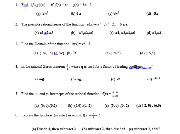 1. Eind (fog)(x): if f(x) =x² ; g(x) = 3x ?
(a) 3x?
() 6 х
(c) 9x?
(d) 5x
