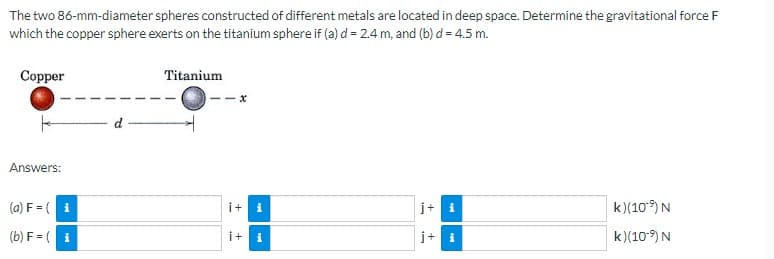 The two 86-mm-diameter spheres constructed of different metals are located in deep space. Determine the gravitational force F
which the copper sphere exerts on the titanium sphere if (a) d = 2.4 m, and (b) d = 4.5 m.
Copper
Answers:
(a) F = ( i
(b) F = (i
Titanium
11X
i+ i
i+ i
j+i
k) (10⁹) N
k) (10⁹) N