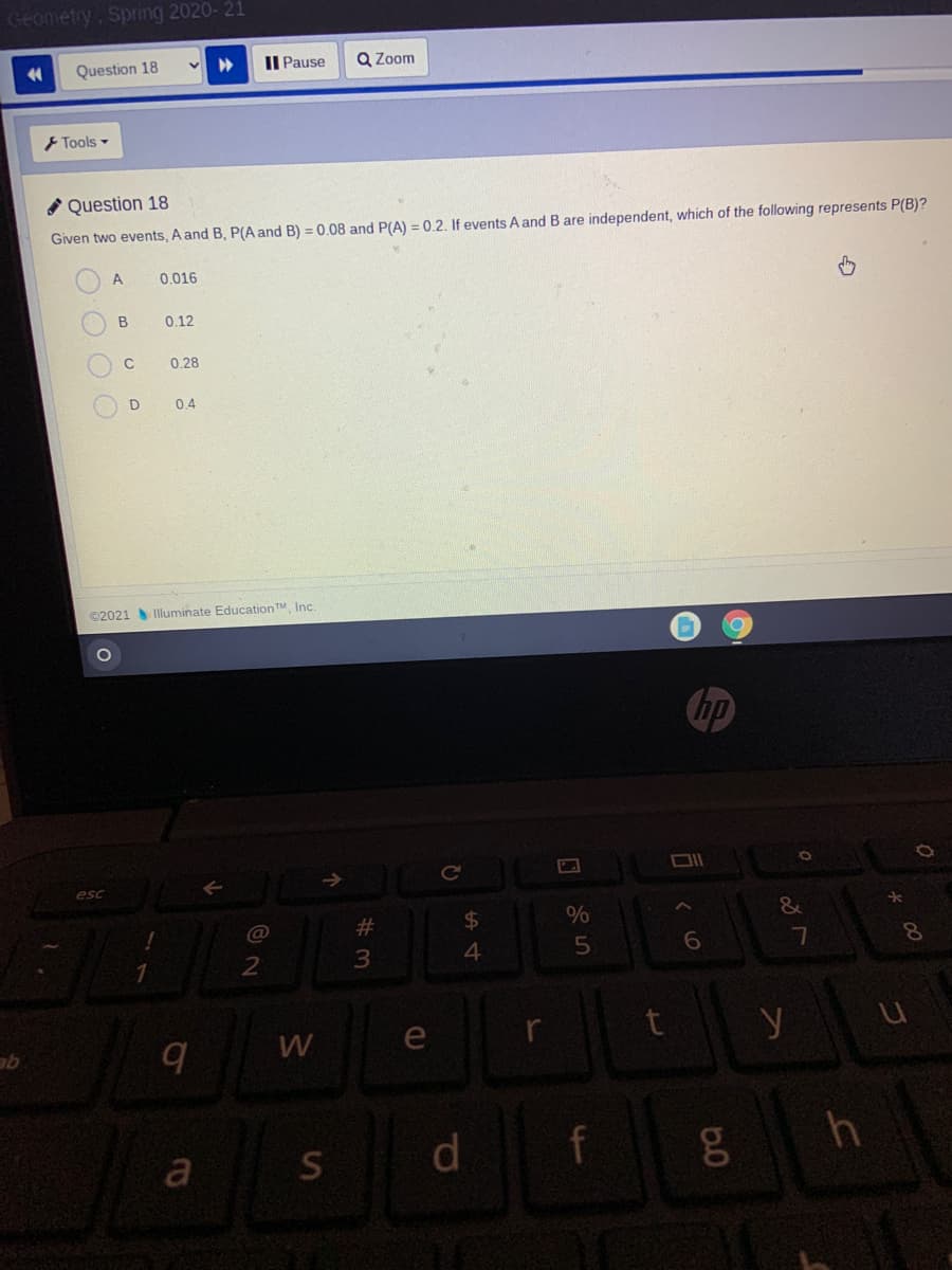 ### Question 18:

**Given two events, A and B, P(A and B) = 0.08 and P(A) = 0.2. If events A and B are independent, which of the following represents P(B)?**

#### Options:
- A) 0.016
- B) 0.12
- C) 0.28
- D) 0.4

### Explanation:
To solve this, we use the formula for the probability of the intersection of two independent events:
\[ P(A \cap B) = P(A) \times P(B) \]

Given:
\[ P(A \cap B) = 0.08 \]
\[ P(A) = 0.2 \]

We need to find \( P(B) \).

So, we can rearrange the formula to solve for \( P(B) \):
\[ P(B) = \frac{P(A \cap B)}{P(A)} \]

Plugging in the given values:
\[ P(B) = \frac{0.08}{0.2} = 0.4 \]

Hence, the correct answer is:
- **D) 0.4**

---

This question tests your understanding of the probabilities of independent events. Independent events' probabilities multiply together to give the joint probability of both events occurring together. By rearranging the formula, you can find the unknown probability when given specific conditions.