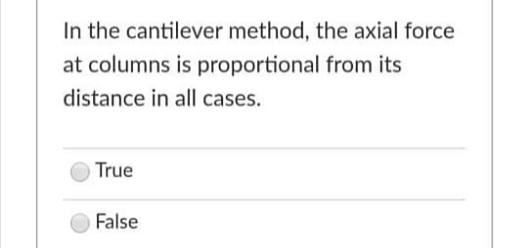 In the cantilever method, the axial force
at columns is proportional from its
distance in all cases.
True
OFalse
