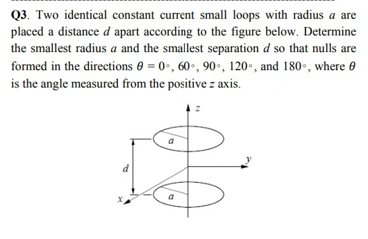 Q3. Two identical constant current small loops with radius a are
placed a distance d apart according to the figure below. Determine
the smallest radius a and the smallest separation d so that nulls are
formed in the directions 0 = 0•, 60•, 90•, 120•, and 180•, where 0
is the angle measured from the positive z axis.
a
