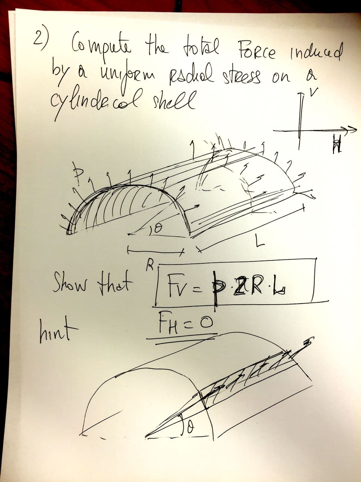 2) Compute the total Force
by a unjpem padol steess on
linde col shell
FORCE
induced
y
Show that ") Fv= p 2R L
hint
FH=0
