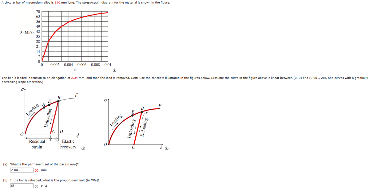 A circular bar of magnesium alloy is 390 mm long. The stress-strain diagram for the material is shown in the figure.
70
63
56
49
O (MPa) 42
35
28
21
14
7
0.002
0.004
0.006
0.008
0.01
The bar is loaded in tension to an elongation of 2.34 mm, and then the load is removed. Hint: Use the concepts illustrated in the figures below. (Assume the curve in the figure above is linear between (0, 0) and (0.001, 28), and curves with a gradually
decreasing slope otherwise.)
F
В
E
F
Loading
CD
Loading
Residual
Elastic
strain
recovery
(a) What is the permanent set of the bar (in mm)?
2.184
X mm
(b) If the bar is reloaded, what is the proportional limit (in MPa)?
55
X MPa
