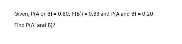 Given, P(A or B) = 0.80, P(B') = 0.33 and P(A and B) = 0.20
Find P(A' and B)?