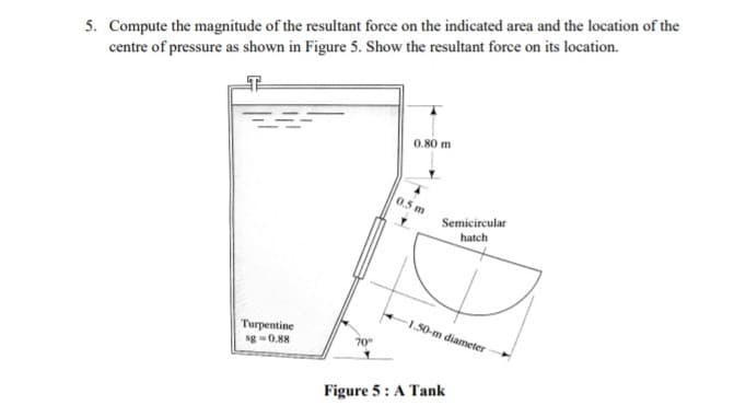 5. Compute the magnitude of the resultant force on the indicated area and the location of the
centre of pressure as shown in Figure 5. Show the resultant force on its location.
0.80 m
0.5 m
Semicircular
hatch
1.50-m diameter
Turpentine
sg =0,88
70
Figure 5: A Tank
