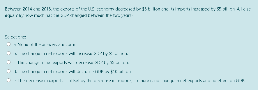 Between 2014 and 2015, the exports of the U.S. economy decreased by $5 billion and its imports increased by $5 billion. All else
equal? By how much has the GDP changed between the two years?
Select one:
a. None of the answers are correct
b. The change in net exports will increase GDP by $5 billion.
c. The change in net exports will decrease GDP by $5 billion.
d. The change in net exports will decrease GDP by $10 billion.
e. The decrease in exports is offset by the decrease in imports, so there is no change in net exports and no effect on GDP.
