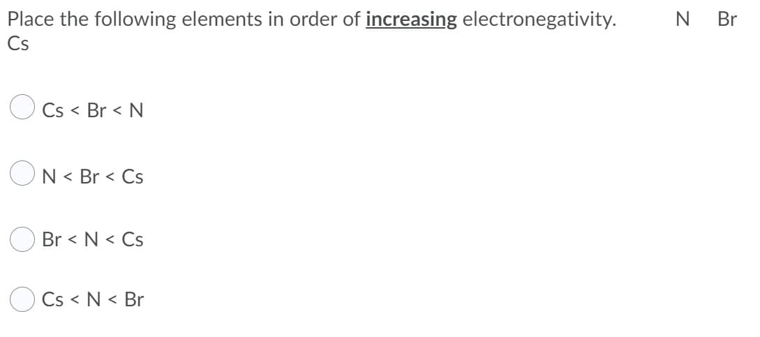 Place the following elements in order of increasing electronegativity.
N Br
Cs
Cs < Br < N
N < Br < Cs
く
Br < N < Cs
く
Cs < N < Br
