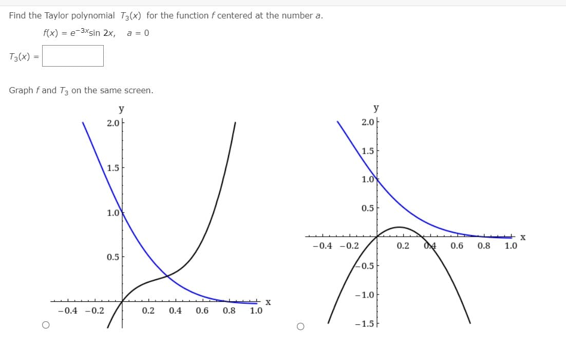 Find the Taylor polynomial T3(x) for the function f centered at the number a.
f(x) = e-3Xsin 2x,
a = 0
T3(x) =
Graph f and T3 on the same screen.
y
y
2.0아
2.0아
1.5
1.5
1.0
0.5
1.0
-0.4 -0.2
0.2
0.6
0.8
1.0
0.5
L0.5
-1.0
-0.4 -0.2
0.2
0.4
0.6
0.8
1.0
-1.5
