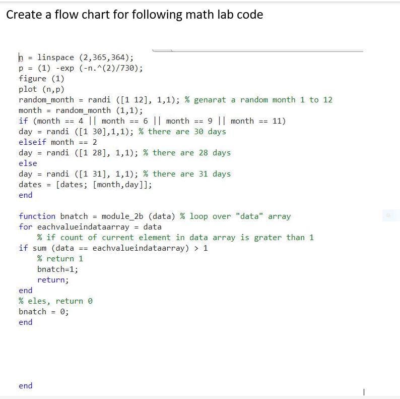 Create a flow chart for following math lab code
h = linspace (2,365,364);
p = (1) -exp (-n.^(2)/730);
figure (1)
plot (n,p)
random_month = randi ([1 12], 1,1); % genarat a random month 1 to 12
month = random_month (1,1);
if (month
day = randi ([1 30],1,1); % there are 30 days
%3D
4 || month
6 || month
9 || month
== 11)
==
3D%3D
=3=
elseif month == 2
%3D%3D
day
randi ([1 28], 1,1); % there are 28 days
!!
else
day = randi ([1 31], 1,1); % there are 31 days
dates = [dates; [month, day]];
end
function bnatch = module_2b (data) % loop over "data" array
for eachvalueindataarray = data
% if count of current element in data array is grater than 1
if sum (data == eachvalueindataarray) > 1
% return 1
bnatch=1;
return;
end
% eles, return 0
bnatch = 0;
end
end
