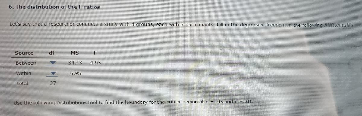 6. The distribution of the F-ratios
Let's say that a researcher conducts a study with 4 groups, each with 7 participants. Fill in the degrees of freedom in the following ANOVA table.
Source
Between
Within
Total
df
▼
27
MS
34.43
6.95
F
4.95
Use the following Distributions tool to find the boundary for the critical region at a = .05 and a = .01.