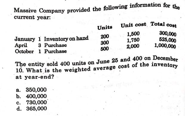 Massive Company provided the following information for the
current year:
Unit cost Total cost
Units
January 1 Inventory on hand
Аpri
October 1 Purchase
200
300
500
1,500
1,750
2,000
300,000
525,000
1,000,000
3 Purchase
The entity sold 400 units on June 25 and 400 on December
10. What is the weighted average cost of the inventory
at year-end?
а. 350,000
b. 400,000
c. 730,000
d. 365,000
