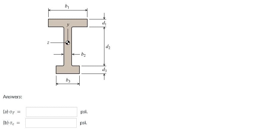 Answers:
(a) OT
(b) oc =
=
N
b₁
b3
-b₂
psi.
psi.
↓
d₁
d₂